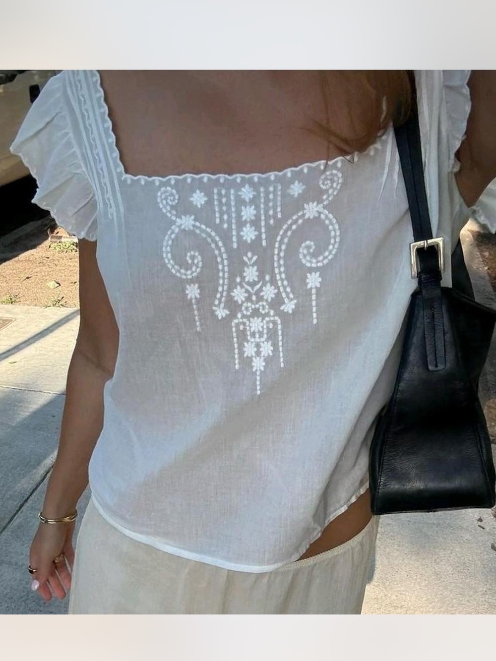 Sezane Elie Blouse White Embroidered Square Neck Women's Top